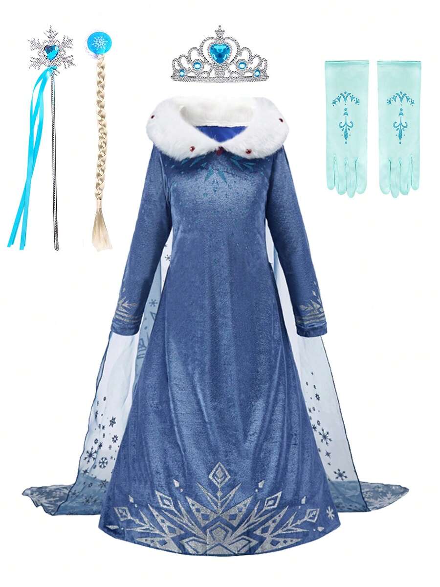 6pcs Set Navy Plush Collar Long Sleeve Cloak Dress Accessories Suit, Girls Christmas Carnival Costume, Children Role Play Stage Performance Outfit - Navy Blue - View 1