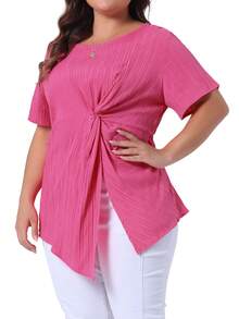 Women's Plus Size Tops Round Neck Short Sleeve Asymmetrical Hem Twist Knot T Shirt Top - Rose Red - View 2