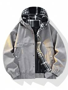 Men's Corduroy Outdoor Jacket, Loose Fit Hooded, Autumn/Winter - Grey - View 9