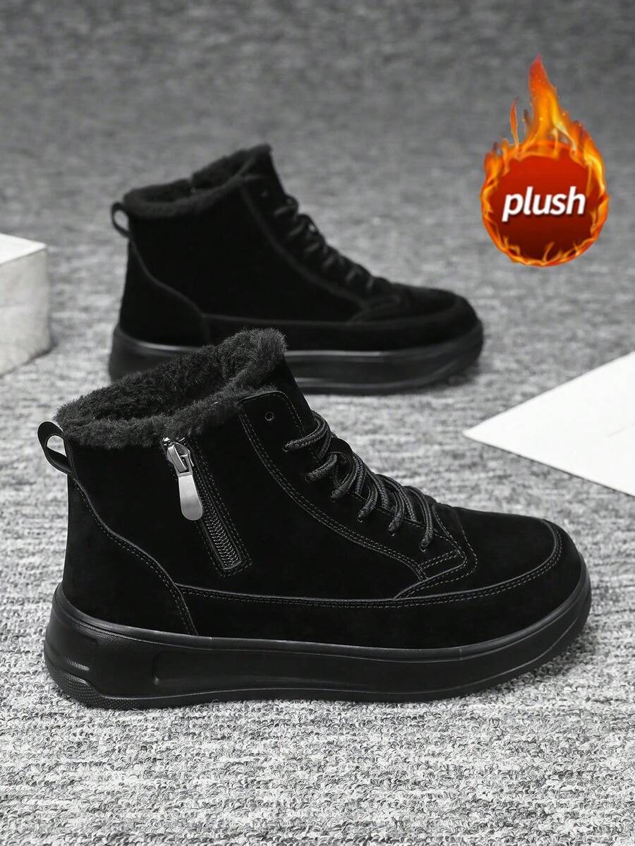 Botas de neve femininas com zíper, modelo mais recente de tênis de cano alto para outono/inverno 2025, com forro térmico e forro grosso de pele, fechamento lateral com zíper e cano médio estiloso, bico redondo e plano, couro antiderrapante e impermeável, tênis de cano alto para atividades ao ar livre, resistentes ao frio e anticongelantes, ideais para casais, férias, encontros, festas e muito mais. - Preto - Ver 1
