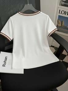 Women's Short-Sleeve Ribbed Blouse, Plain, Round Neck With Collar And Sleeve Details, Elegant Basic Style - White - View 2