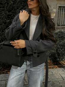 Women's Casual Loose Double-Breasted Lapel Short Jacket - Grey - View 3