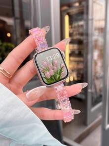 1条时尚粉色PC塑料表带，兼容 38mm 40mm 41mm 42mm 44mm 45mm 46mm 49mm，现代纹理表带，兼容 Series Ultra 3/2/1 11 10 9 8 7 SE3 6 5 4 3 2 1，时尚女士手表配件，休闲纤薄表带，兼容表带 - 粉色 - 查看 5