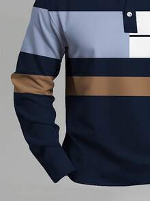 Men's Colorblock Striped Long Sleeve Polo Shirt, Comfortable Fabric, Suitable For Casual, Outdoor, Work, Multi-Color Geometric Design, Collared Button-Up Top, Autumn/Winter - Blue - View 5