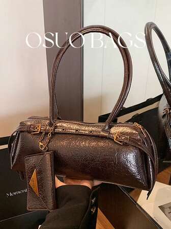 1个时尚PU通勤包，简约纯色复古风休闲单肩包，女士款，秋冬季