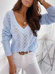 Women Regular Fit Long Sleeve Knitwear Pullover Sweater With Hollow Out Details And V Neckline