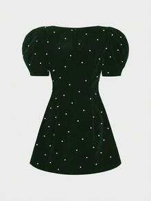 Elegant French Romantic Party Dress With Puff Sleeves And Pearl Embellished Mini Skirt, Suitable For Birthday Party, Date Night - Green - View 9