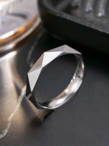 Stainless Steel Minimalist Ring 4mm Width Couple's Ring Geometric Design Polished Finish Delicate Small Ring - Silver - View 2