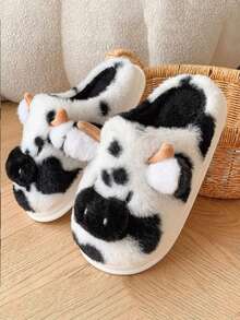 Pantuflas de felpa suaves con estampado de vaca y bordado, antideslizantes para interiores, adecuadas para el hogar y el invierno
