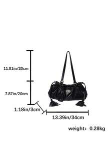 复古纯色PU皮女士包，褶皱单肩腋下包，抽绳束口，轻便通勤双提手云朵包，秋冬款 - 黑色 - 查看 12