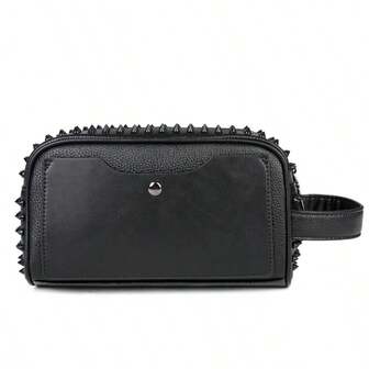 1pc Black Rivet Style Men's Clutch Bag, PU Material Large Capacity Zipper Square Bag Men's Toiletry Bag, Handbag Wristlet Suitable For Daily Commute, Holiday Gift For Men Christmas