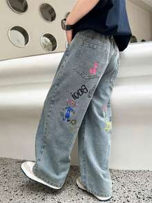 男童蓝色直筒牛仔裤，春秋季 - 中等水洗藍 - 查看 4