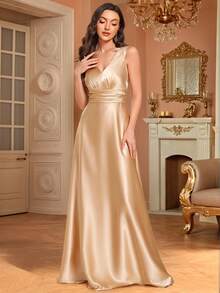 EVERPRETTY 优雅V领无袖香槟色缎面长款伴娘礼服，适合婚礼、半正式派对、婚礼宾客、鸡尾酒会及其他场合。 - 香檳色 - 查看 8