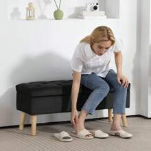 HOMCOM Storage Ottoman With Lid, Velvet Upholstered Storage Bench, Foot Stool With Wood Legs For Living Room, Bedroom, Entryway, 31.5" X 13.8" X 16.5", Black - Black - View 7
