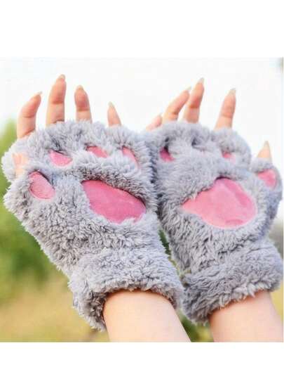 Women's Cat Paw Design Plush Winter Gloves - Half Finger Warm Gloves, Suitable For Office, Cycling And Outdoor Activities, Soft Elastic Cuffs, Washable, Cute Gray-Pink Color, Comfortable Warm Material