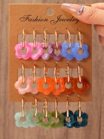 6-18 piezas Pendientes de flor de resina de dopamina coloridos, pendientes elegantes y versátiles de moda, adecuados para el uso diario de las mujeres