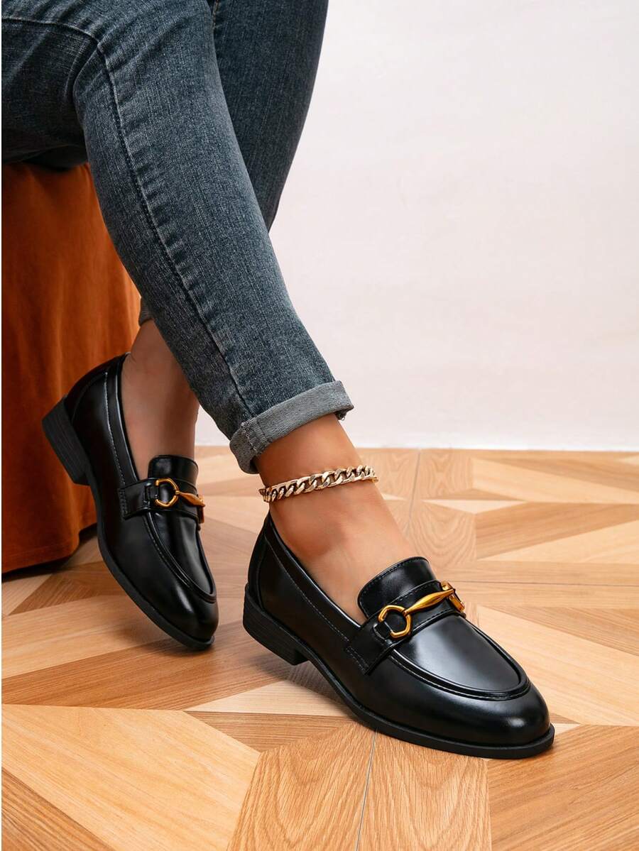 女士乐福鞋，圆头金属扣平底乐福鞋，户外复古女士平底鞋，黑色鞋，女士休闲鞋，布洛克女鞋 - 黑色 - 查看 1