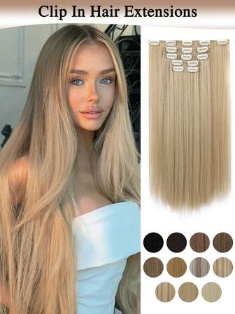 Hårförlängningar, 22" Clip-in hårförlängningar 5 st raka naturliga mjuka syntetiska hårstycken för kvinnor