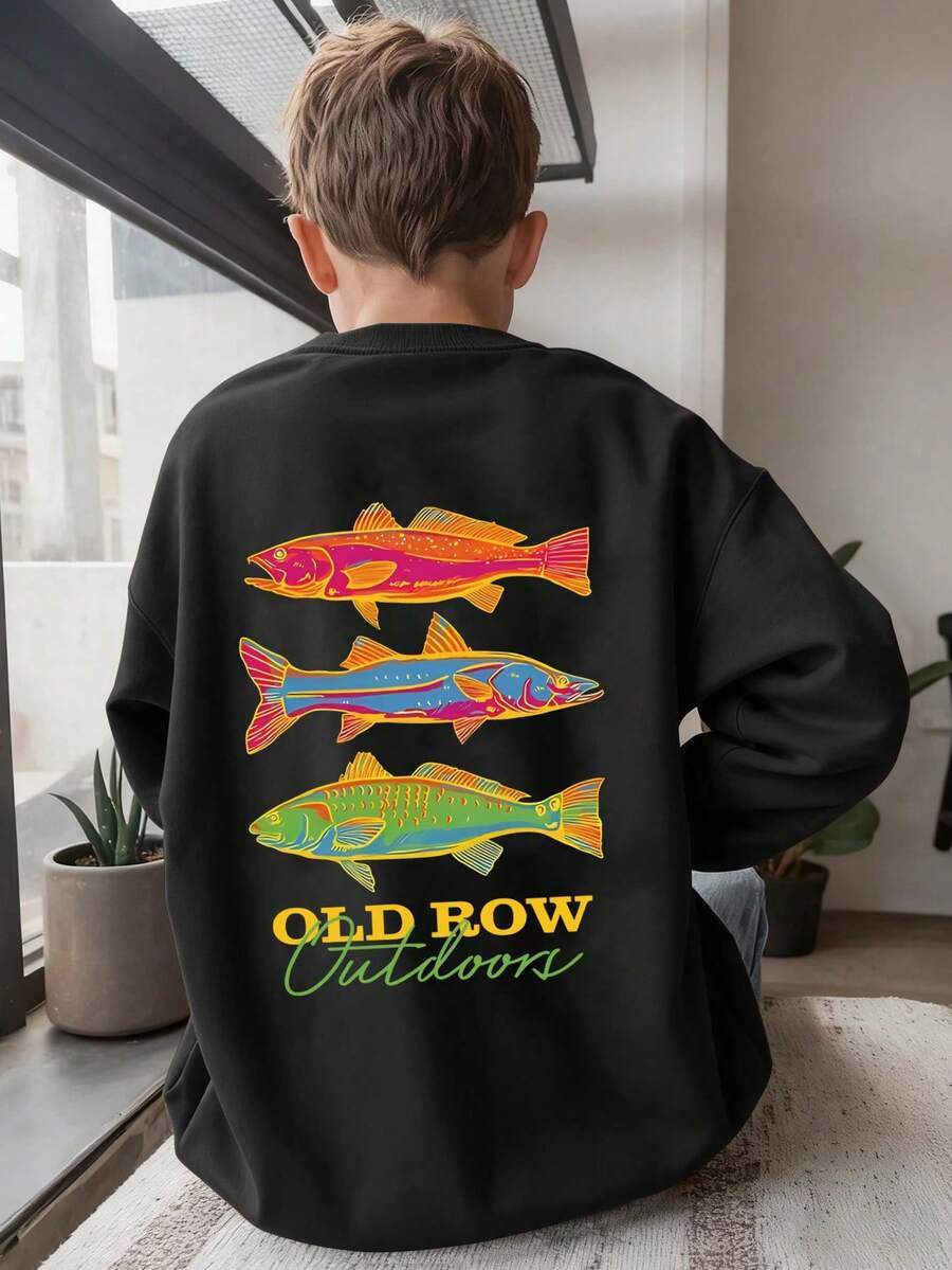 Lässiger, schlichter Pullover im Retro-Stil mit Fischmotiv für Tween Jungen, Rundhalsausschnitt, lange Ärmel, Herbst- und Wintermode. Neue Tween Jungenkleidung für Kinder. - Schwarz - Übersicht 1