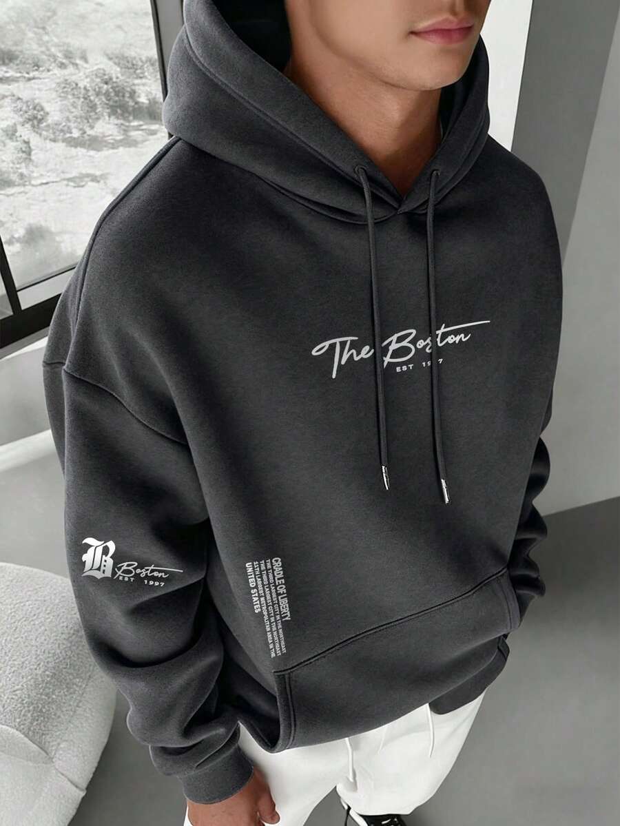 Men's Casual Fashionable Versatile Daily Commute Simple Slogan Print Kangaroo Pocket Drawstring Hoodie, Autumn/Winter - Dark Grey - View 1