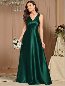EVERPRETTY Đầm phù dâu dài không tay cổ chữ V thanh lịch bằng satin màu xanh đậm, thích hợp cho đám cưới, tiệc bán trang trọng, dự tiệc cưới, tiệc cocktail. - màu xanh lá - Xem 7