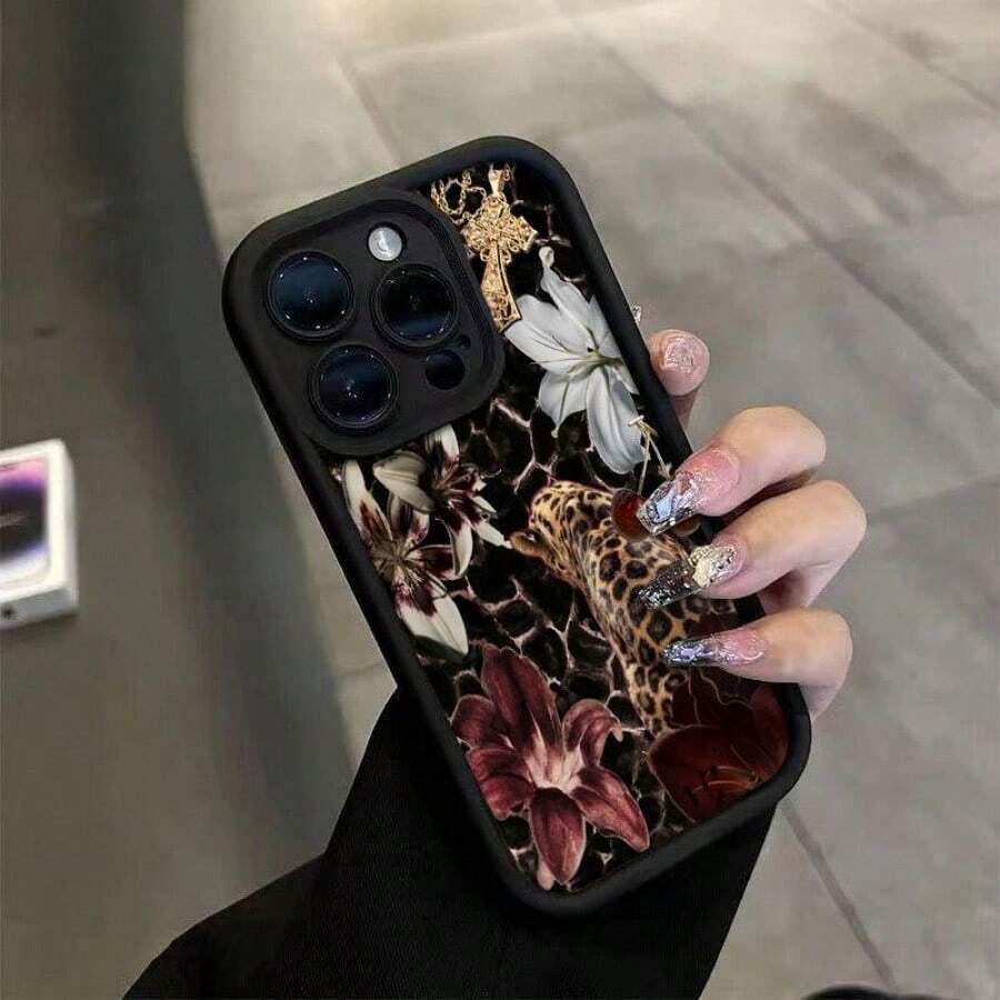 Funda de TPU con patrón floral de guepardo y lirio retro y elegante, adecuada para 16Pro, 14/13 Pro/12/11/Xs, utiliza funda de silicona de alta estética para protección total del cuerpo, fundas de regalo de Navidad para 14 15 16 pro, funda 1115 pro 12 14 pro, 16 Plus 16 Pro 16 Promax 15 Plus, 15 Pro 14 Plus, 14 Pro 13 Pro 13 Promax 12Pro 12ProMax 11Pro 17 pro, funda de protección, cubierta protectora, fundas de teléfono estéticas, regalos personalizados para familia, pareja, amantes, amigos, chicos, chicas, hombres, mujeres. - Negro - Ver 1