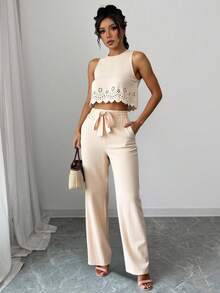 Conjunto de 2 piezas para mujer | Top con escote en V + pantalón con lazo calado | Imprescindible para citas/fiestas de verano - Caqui - Ver 3