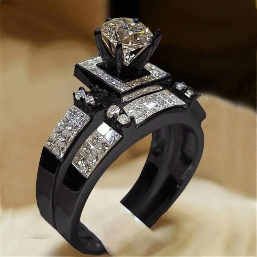 2 Pieces/Set, Shiny Six-Claw Inlaid Cubic Zirconia Women's And Men's Wedding Ring Sets, Pairs Of Rings, High-End Ring Sets, Accessories, Birthday Parties, Valentine's Day Gifts.Valentine's Day Special Offer - Black - View 1