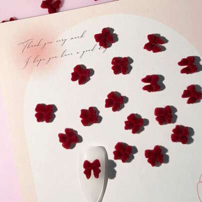 30个/50个装 冬季小酒红色毛绒蝴蝶结美甲装饰，DIY美甲配件，美甲饰品，小蝴蝶结美甲配件