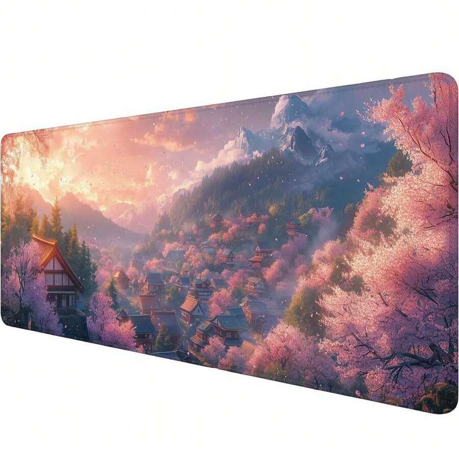 Anime Cherry Blossoms Gaming Mouse Pad Desk Pad Mountains Pink Sky Village Mousepad XL Large Gaming Mouse Pad Laptop Keyboard Mat Desk Pad Office Computer Keyboard Laptop Home - 長方形 - 查看 1