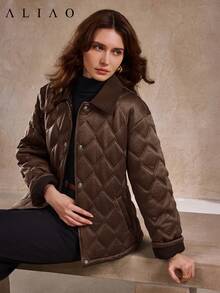 Aliao 优雅菱格纹绗缝夹克，带口袋，冬季外套，防风衣，秋季服装，新年装，商务休闲女装，端庄优雅 - 深咖 - 查看 5