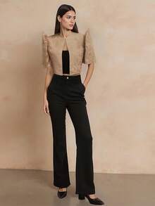 Amyenjoylife 现代菲律宾风蝴蝶袖优雅蕾丝泡泡袖衬衫，菲律宾风棕色上衣 - 咖啡棕 - 查看 3