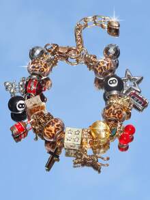 1pc Leopard Print Billiard Ball Charm Bracelet, 1pc Cherry Cross Music Festival Bracelet, 1pc Leopard Print Star Girl Bracelet - Silver - View 13