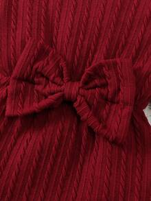 Conjunto de body y pantalones acampanados con diadema para bebé niña, de estilo casual con textura, cuello redondo, doble capa, mangas acampanadas y lazo delantero, para otoño/invierno - Rojo - Ver 4