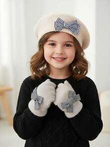 2pcs/Set Girls Knitted Beret Hat & Gloves Set, Elegant, Cute Artist Beret, Acrylic Yarn, Stylish Plaid Bow Design, Fashionable, Thin For Early Winter - 2pcs - View 10