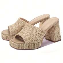 Women's Raffia Wedge Sandals With Chunky Platform Heel, Slide-On Open Toe High Heels For Summer, Great For Casual, Beach, And Everyday Wear Lightweight Design - Màu be - Xem 12