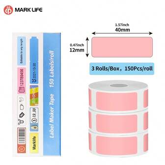Marklife Marklife 3 Rolls Per Box Thermal Tape Labels,Self-Adhesive Label Stickers, For D30,M110,M220,M1,P50,P15 Label Printer,12x40mm 0.47"X1.57", 150 Labels/Roll, Suitable For Home,School, DIY Gifts