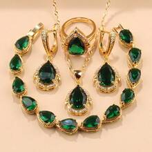 Bộ trang sức 5 món mạ vàng 18K đính đá Cubic Zirconia hình giọt nước đang hot tại Trung Đông dành cho nữ làm quà tặng/đám cưới/tiệc tùng/giáng sinh/sinh nhật/phụ kiện thời trang - màu xanh ô liu - Xem 4