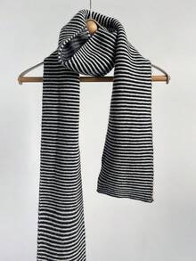 1 Khăn len dệt kim sọc 100% len nguyên chất dành cho cả nam và nữ, quấn cổ ấm áp, thiết kế khối màu đen trắng cổ điển thời trang, thích hợp cho mùa thu/đông - Nhiều màu - Xem 2