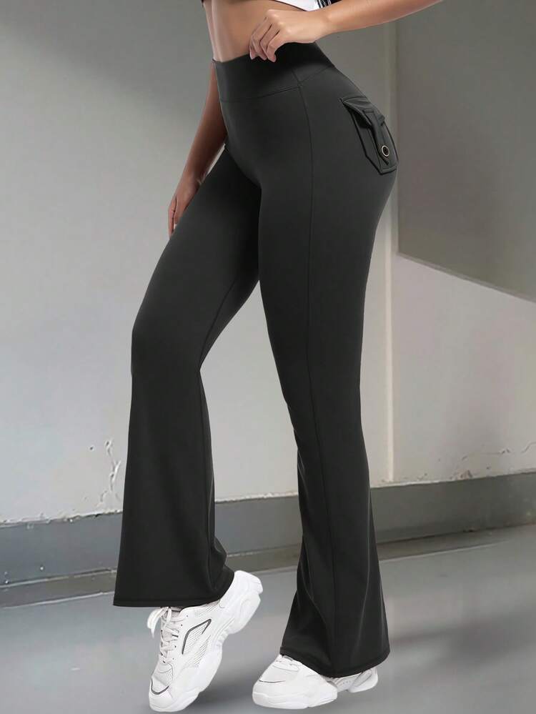 Pantalones cargo con estiramiento alto que levantan el trasero, con bolsillos, adecuados para ejercicios de glúteos, deportes y fitness, con cintura ancha de talle alto y pernera acampanada, ropa de mujer para otoño y primavera en color negro - Negro - Añade 3
