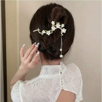 1 pieza Clip de pelo con flor, perla falsa y borla retorcida, accesorio de pelo diario para adolescentes