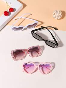 1 Set de 4 piezas de gafas de sol para niños y niñas de 4 a 8 años, con marcos en forma de corazón de colores dulces y lindos, y marcos cuadrados ligeramente brillantes, gafas de moda adecuadas para salidas festivas, combinación de atuendos y como regalos festivos - Multicolor - Ver 3