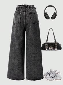 Teen Girls' Elastic Waist Straight Loose Fashion Versatile Butterfly Embroidered Straight Leg Jeans - Black - View 4