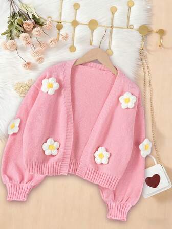 1 件青少年女孩优雅时尚日常通勤学校休闲舒适复古撞色花卉装饰 V 领开衫，适合春季、秋季、冬季、返校、万圣节