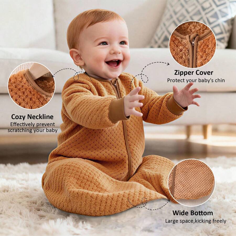 1件新生儿杏色柔软绒面宽松可爱睡袋襁褓，适合宝宝更好地休息