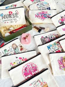 1/5/10pcs Nurse Theme Canvas Bag With Zipper Survival Kit Bag Medicine Bag Gift Bag Letter/Flower/Leopard/Heart/Rainbow Pattern Print Funny Makeup Pouch Portable Toiletry Bag For Nurse Travel Make Up Organizer Makeup Storage Cosmetic Bag Wash Bag Bathroom College Dorm Travel Stuff Multifunctional Cosmetic Organizer Cute Wallet Pouch Coin Purse - Beige - View 10