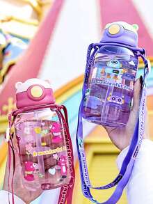 1pc 650ml Cartoon Bear Straw Water Bottle, Shatterproof Plastic Cup For Children, Preschool, Elementary Students, Nursery, School Water Bottle (Strap Needs To Be Installed Separately) - Multicolor - View 4