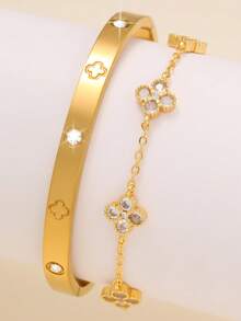 Fashionable Luxury European & American Four-Leaf Clover Zirconia Stainless Steel Women's Bracelet Set, Suitable For Multiple Occasions And As A Gift For Friends - Yellow Gold - View 7