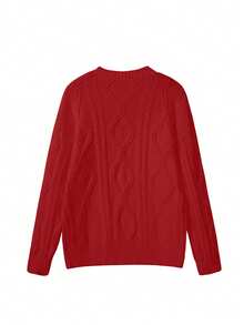 FOR BEAUTY 秋冬新款圆领扭结印花长袖针织衫，女士宽松酒红色简约时尚通勤套头衫，酒红色长袖休闲宽松保暖上衣，新年