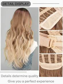 28英寸长波浪假发，渐变金色假发，深色发根，自然卷曲耐热合成纤维假发，适合女性日常、派对、旅行、万圣节、圣诞节、新年狂欢节、音乐节角色扮演等场合。